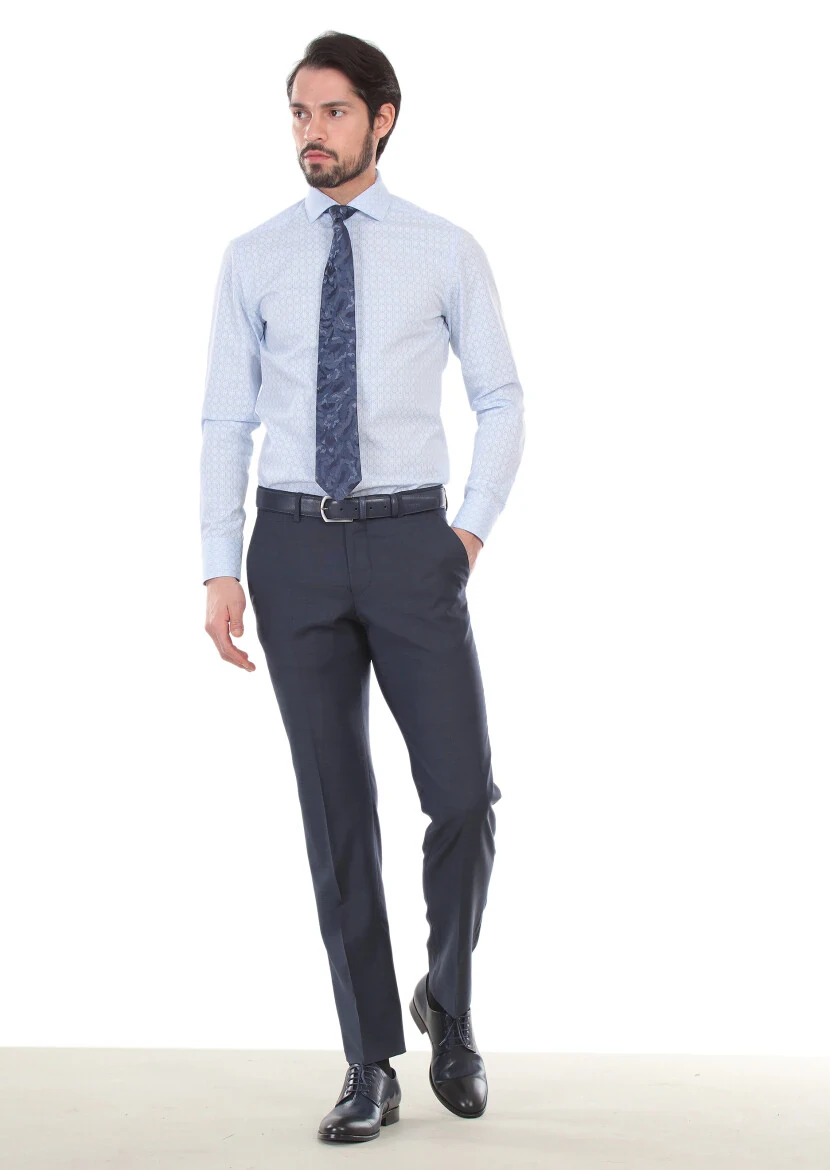 Mavi Baskılı Slim Fit Dokuma Klasik %100 Pamuk Gömlek - 3