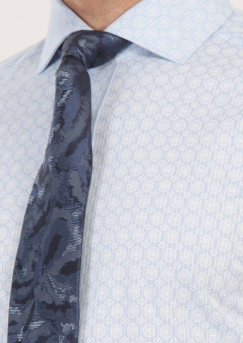 Mavi Baskılı Slim Fit Dokuma Klasik %100 Pamuk Gömlek - 4