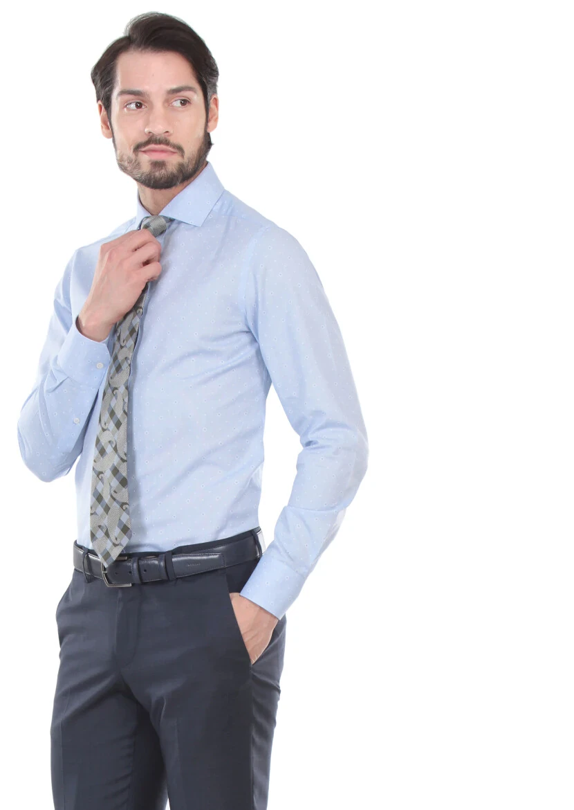 Mavi Baskılı Slim Fit Dokuma Klasik %100 Pamuk Gömlek - 4