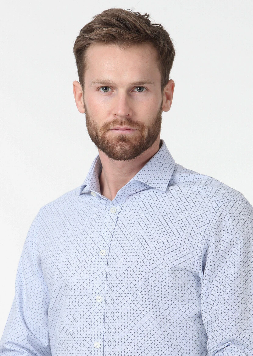 Mavi Baskılı Slim Fit Dokuma Klasik %100 Pamuk Gömlek - 3