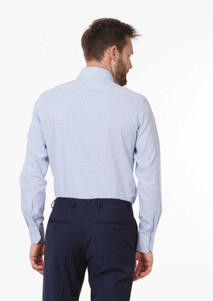 Mavi Baskılı Slim Fit Dokuma Klasik %100 Pamuk Gömlek - 4