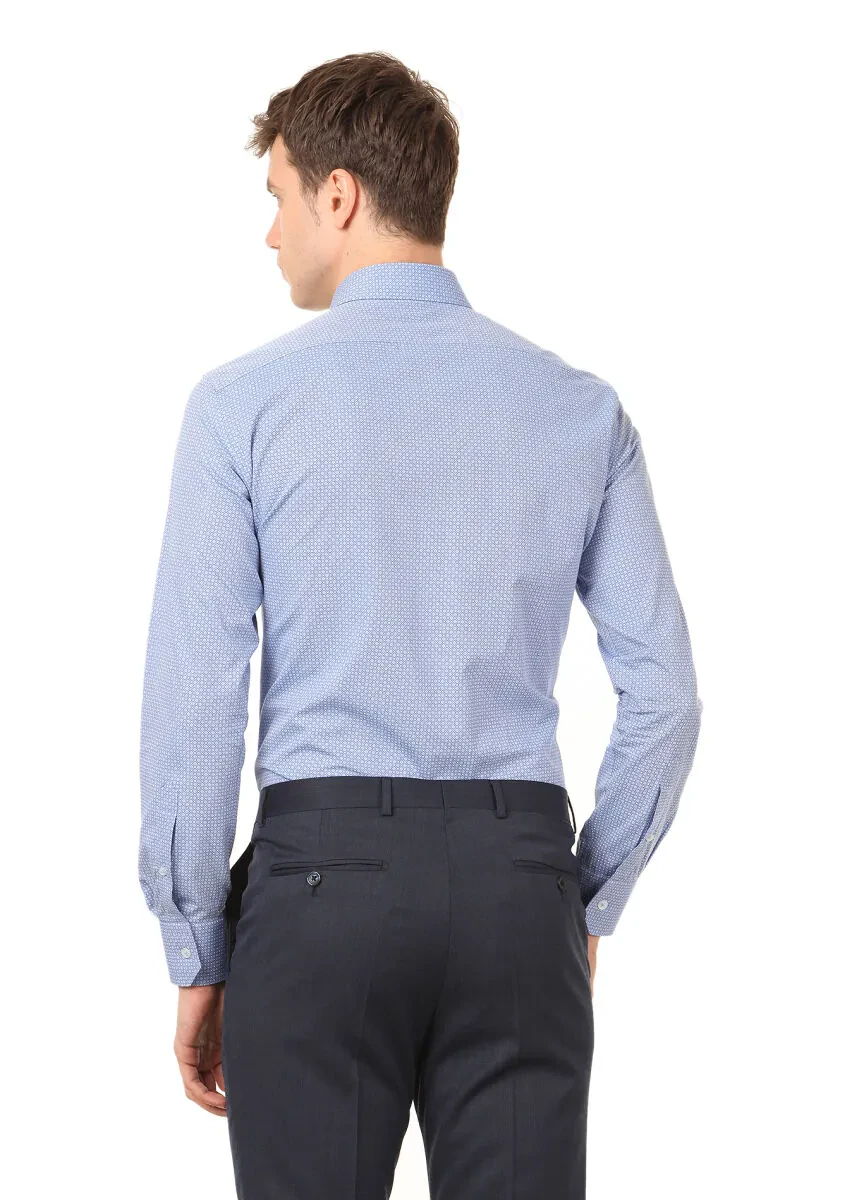 Mavi Baskılı Slim Fit Dokuma Klasik %100 Pamuk Gömlek - 4