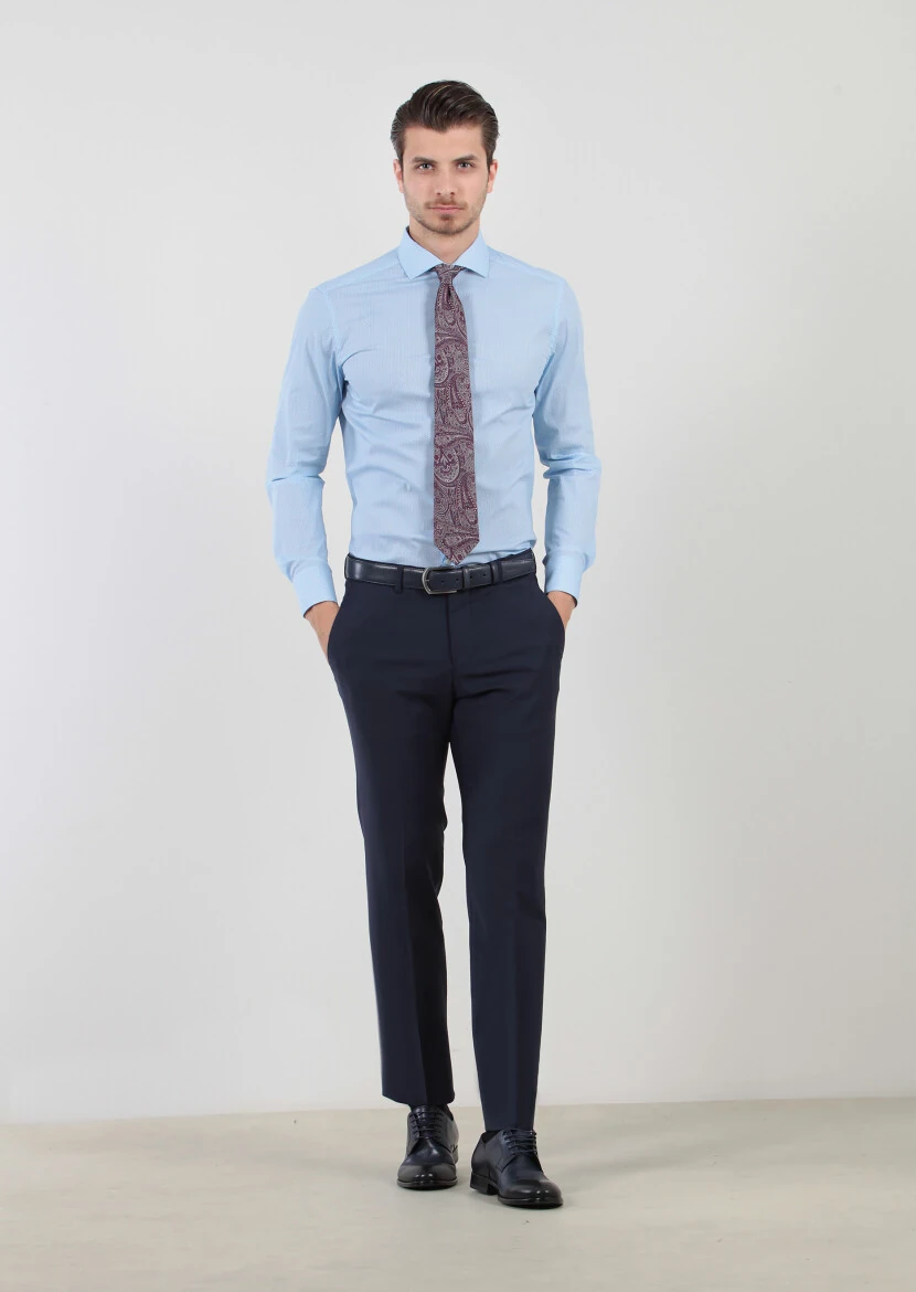 Mavi Baskılı Slim Fit Dokuma Klasik Pamuk Karışımlı Gömlek - 1