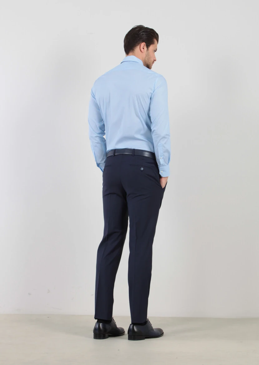 Mavi Baskılı Slim Fit Dokuma Klasik Pamuk Karışımlı Gömlek - 4