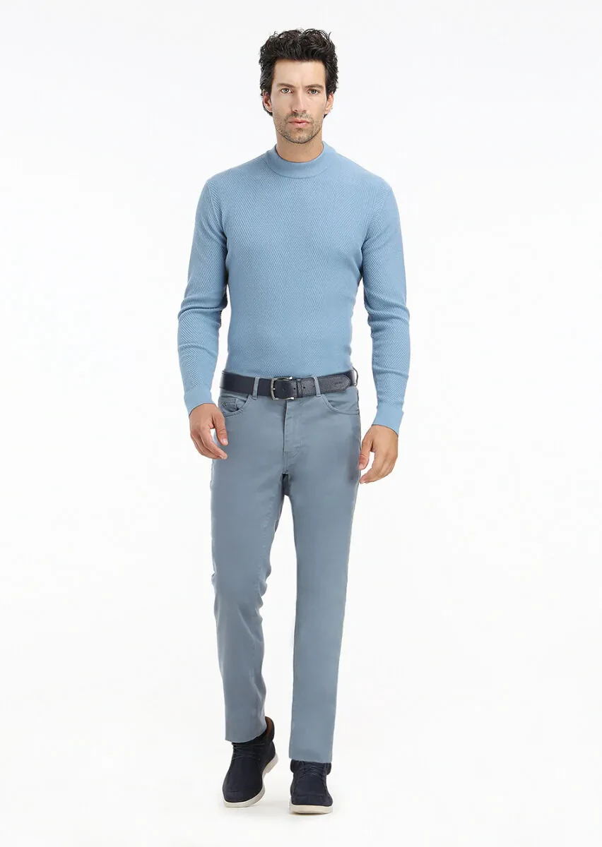 Mavi Bato Yaka Jakarlı Triko Kazak - 1