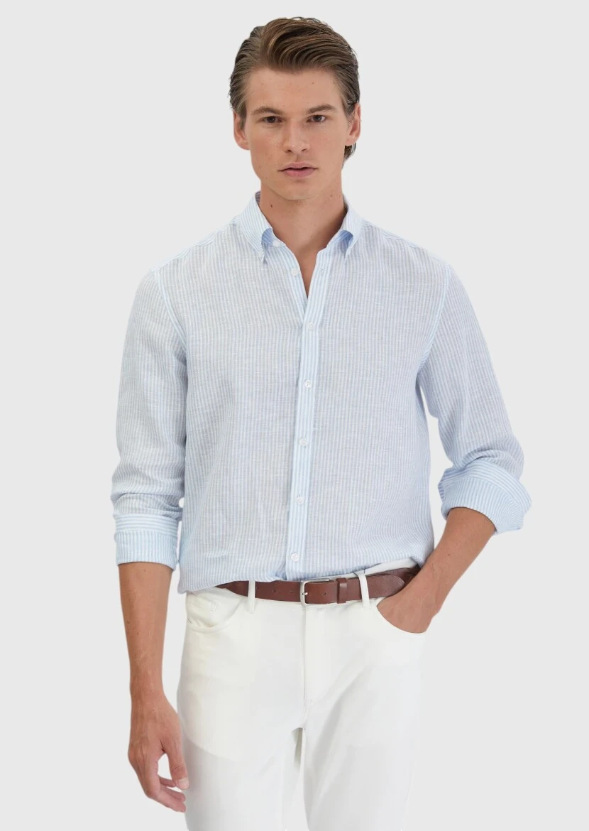 Mavi Çizgili Casual Fit Dokuma Casual %100 Keten Gömlek - RAMSEY