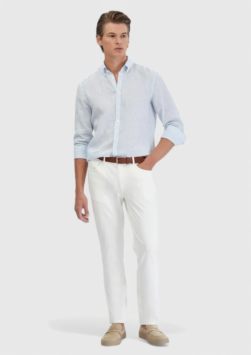 Mavi Çizgili Casual Fit Dokuma Casual %100 Keten Gömlek - RAMSEY