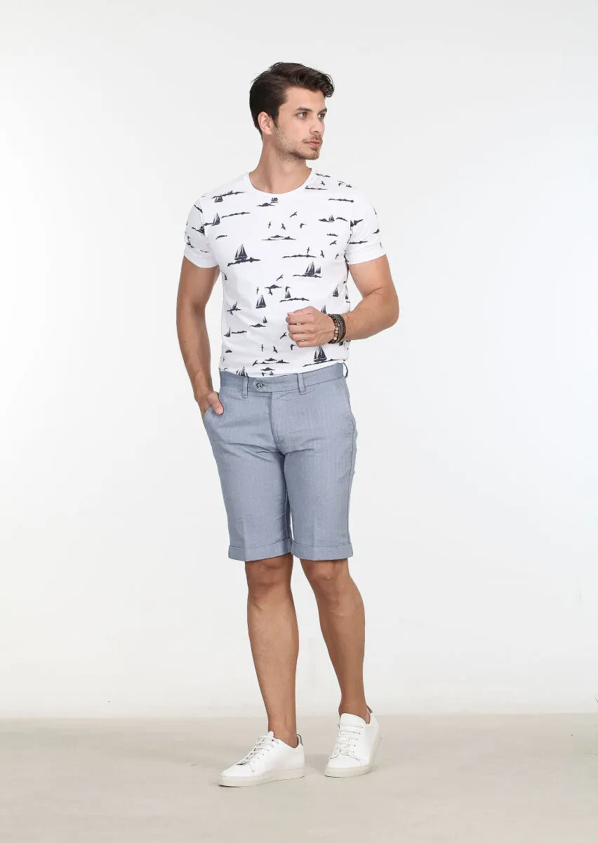 Mavi Çizgili Dokuma Regular Fit Casual %100 Pamuk Bermuda - 2
