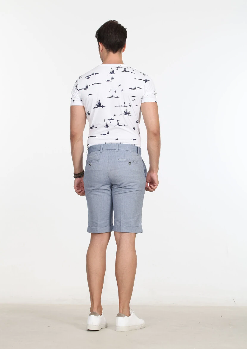 Mavi Çizgili Dokuma Regular Fit Casual %100 Pamuk Bermuda - 5