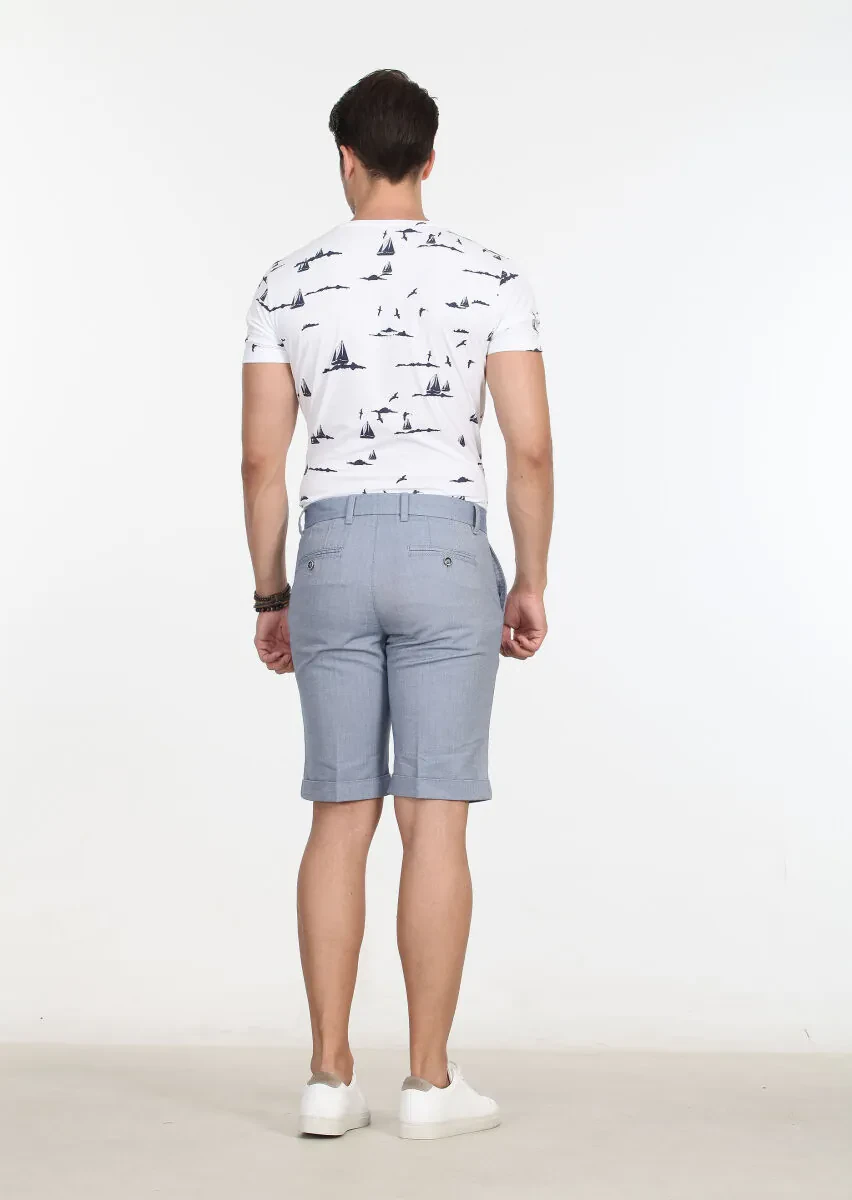 Mavi Çizgili Dokuma Regular Fit Casual %100 Pamuk Bermuda - 5