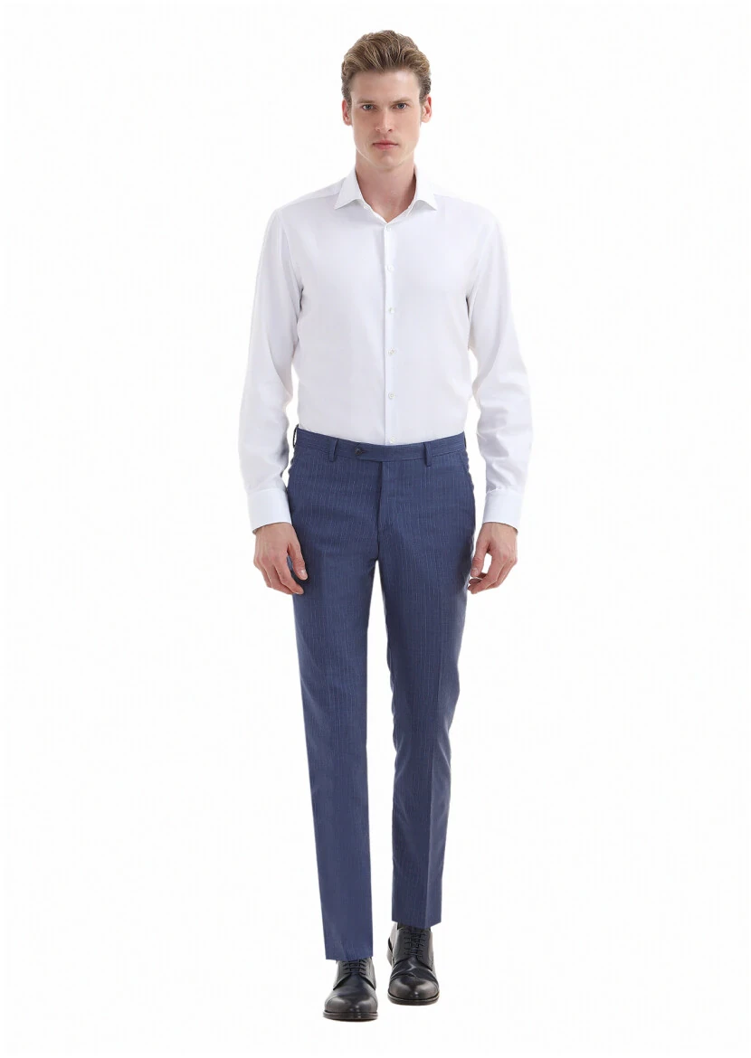 Mavi Çizgili Kumaş Modern Fit Klasik %100 Yün Pantolon - 1
