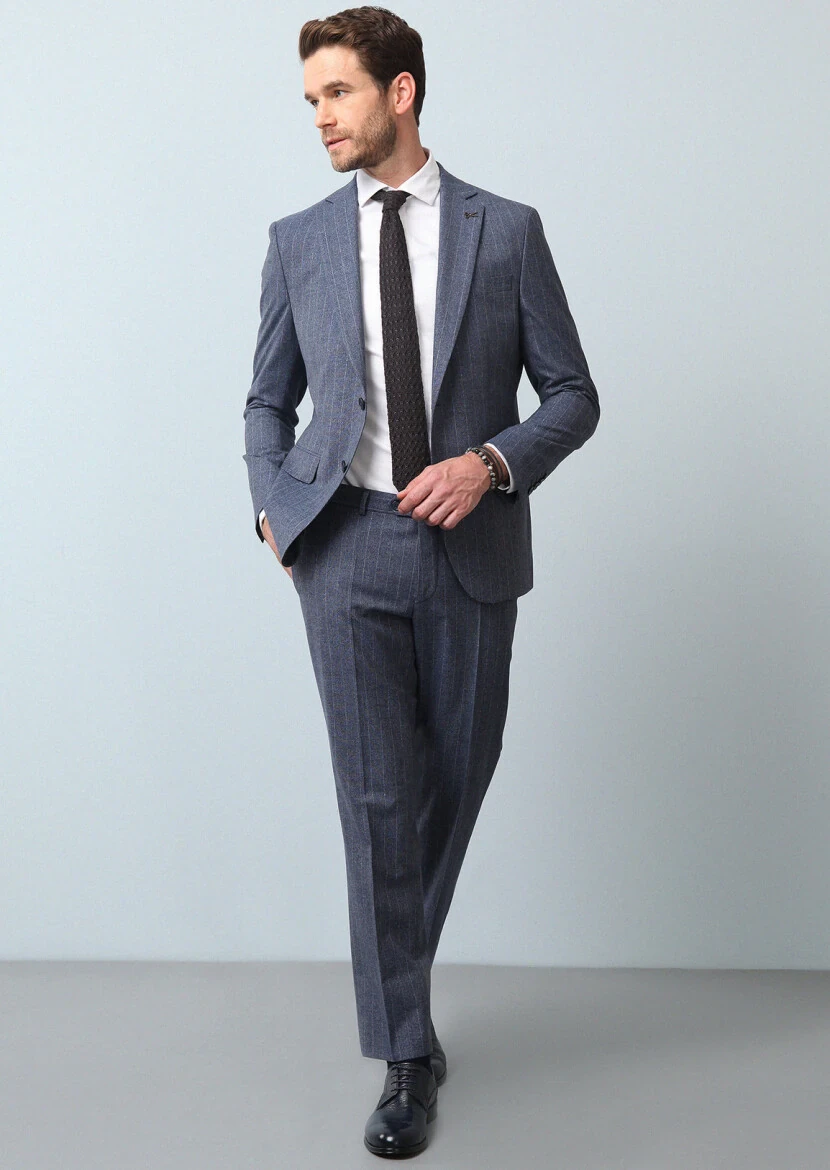 Mavi Çizgili Modern Fit Yün Karışımlı Takım Elbise - 1