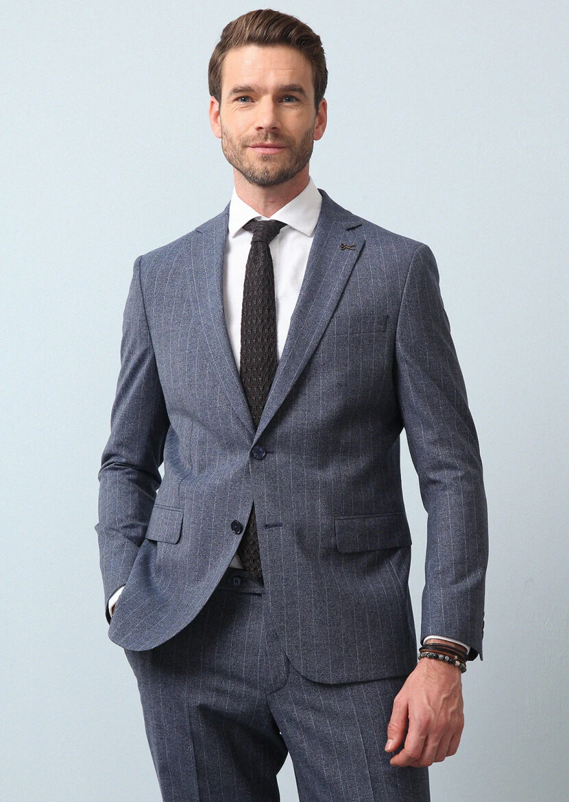 Mavi Çizgili Modern Fit Yün Karışımlı Takım Elbise - 2