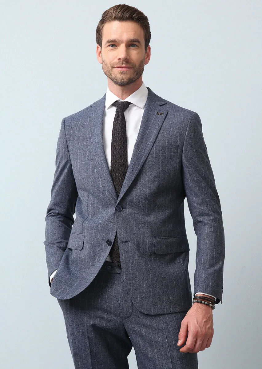 Mavi Çizgili Modern Fit Yün Karışımlı Takım Elbise - 2