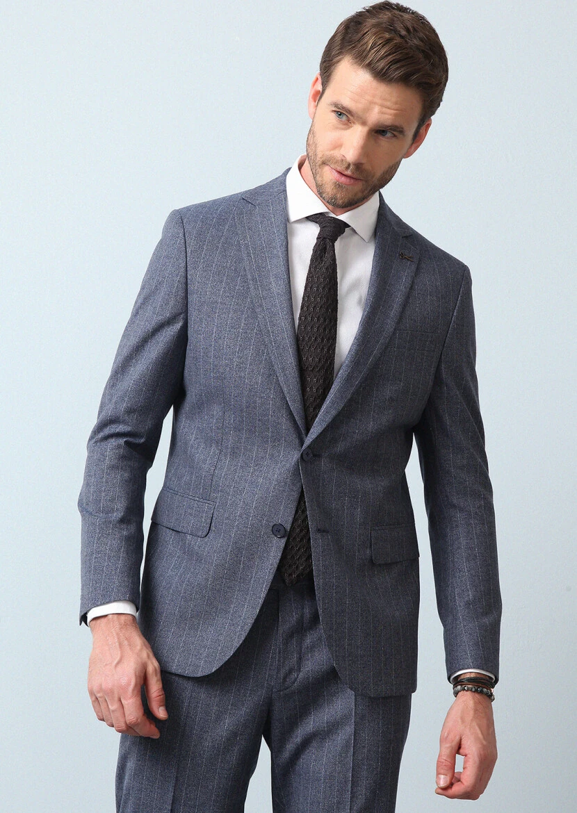 Mavi Çizgili Modern Fit Yün Karışımlı Takım Elbise - 4