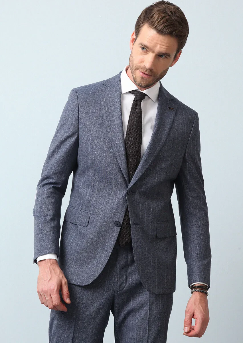 Mavi Çizgili Modern Fit Yün Karışımlı Takım Elbise - 4