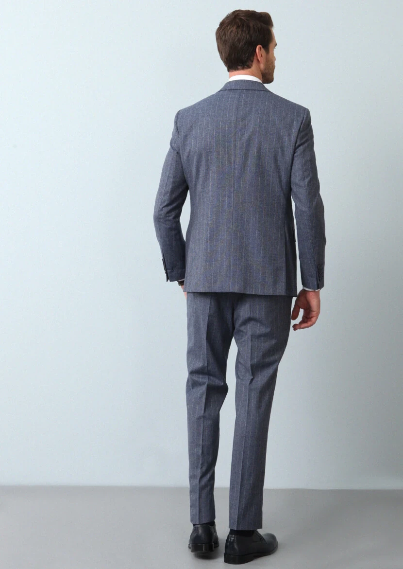 Mavi Çizgili Modern Fit Yün Karışımlı Takım Elbise - 5