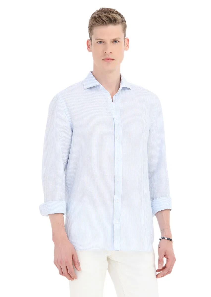 Mavi Çizgili Regular Fit Dokuma Casual %100 Keten Gömlek - 2