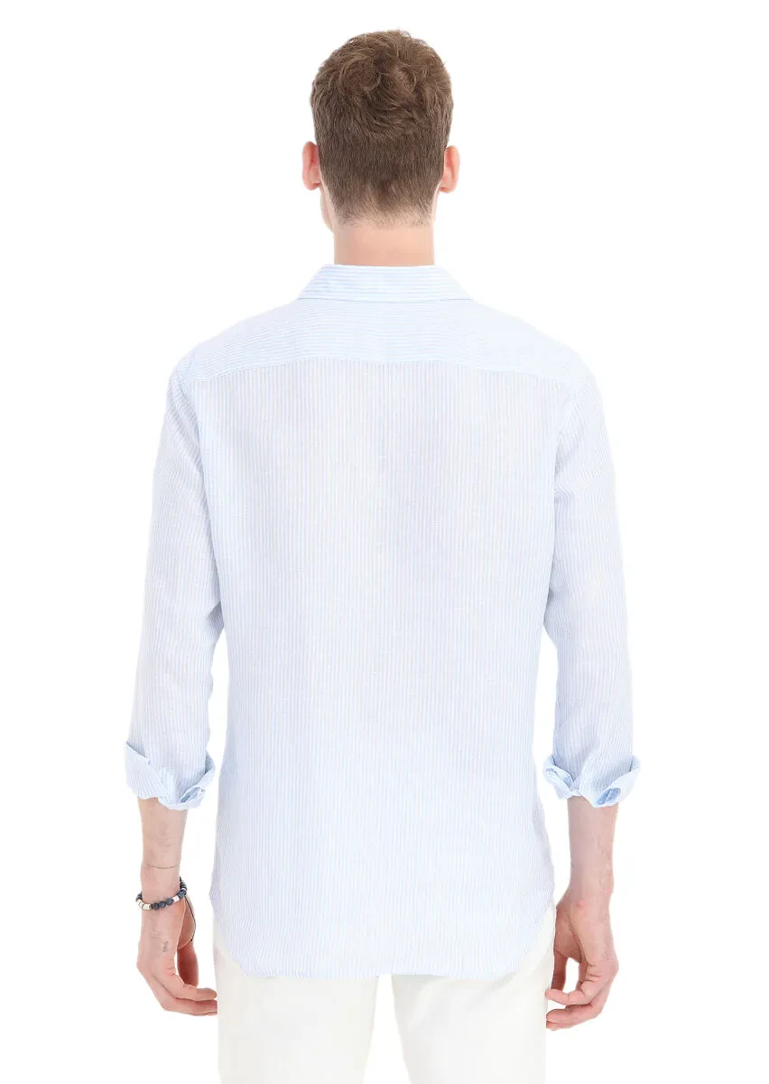 Mavi Çizgili Regular Fit Dokuma Casual %100 Keten Gömlek - 4