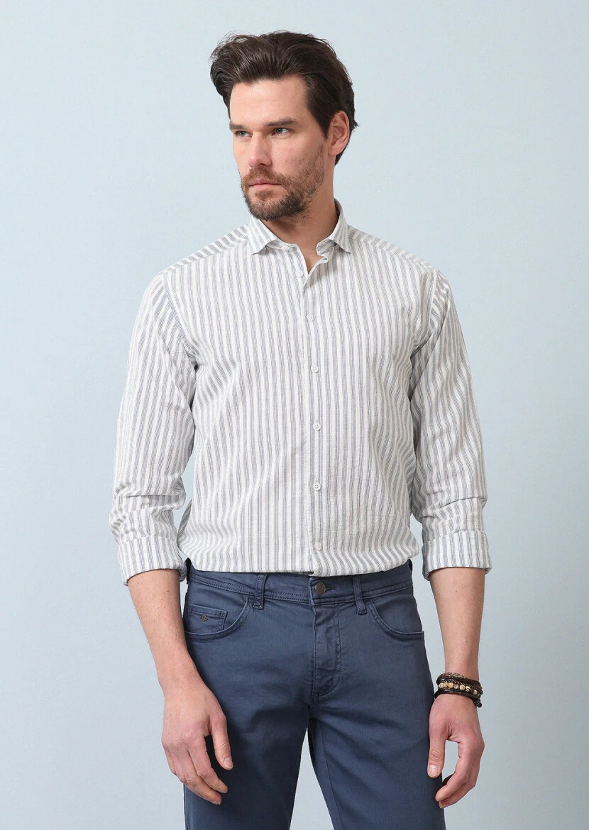 Mavi Çizgili Regular Fit Dokuma Casual %100 Pamuk Gömlek - 1