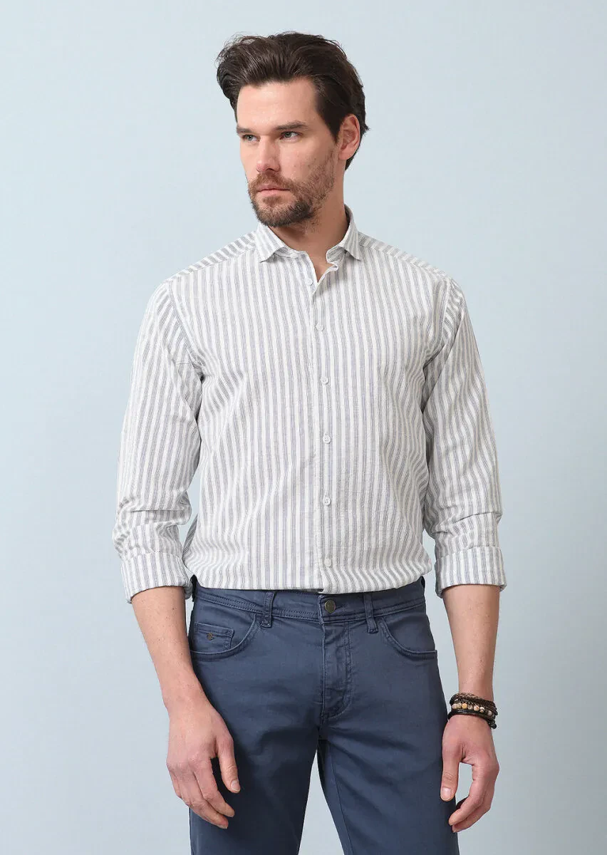 Mavi Çizgili Regular Fit Dokuma Casual %100 Pamuk Gömlek - 1