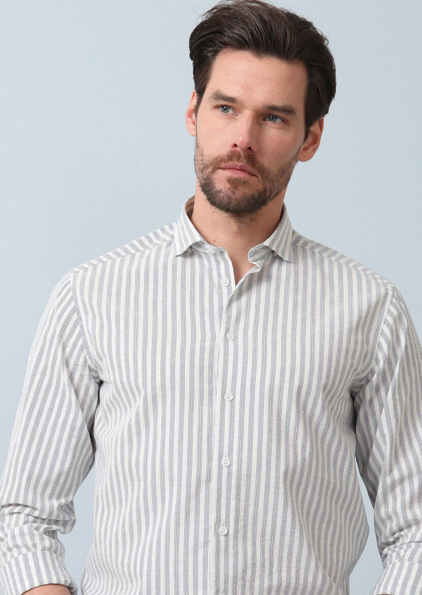 Mavi Çizgili Regular Fit Dokuma Casual %100 Pamuk Gömlek - 2