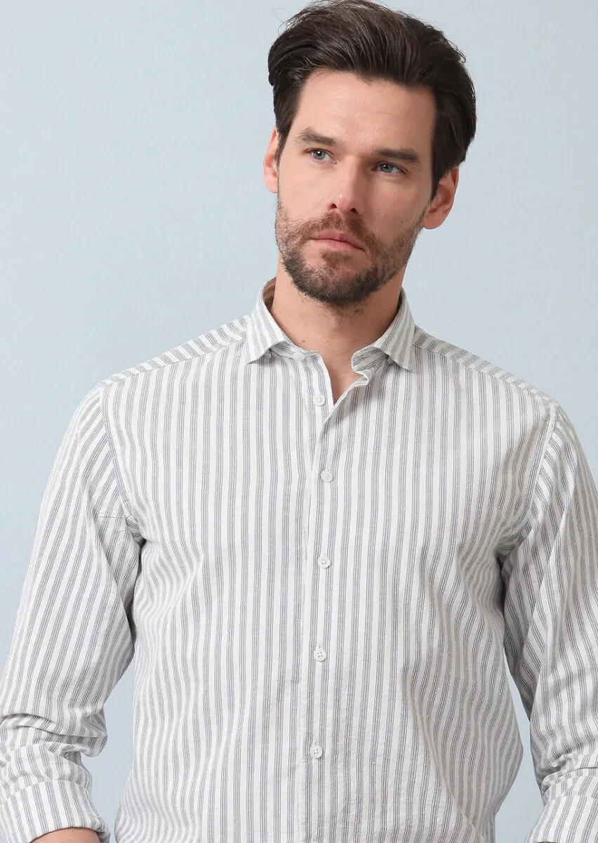 Mavi Çizgili Regular Fit Dokuma Casual %100 Pamuk Gömlek - 2