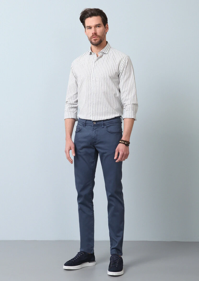 Mavi Çizgili Regular Fit Dokuma Casual %100 Pamuk Gömlek - 3