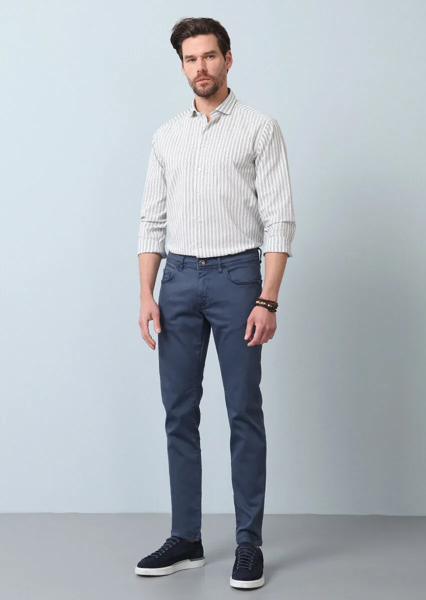 Mavi Çizgili Regular Fit Dokuma Casual %100 Pamuk Gömlek - 3