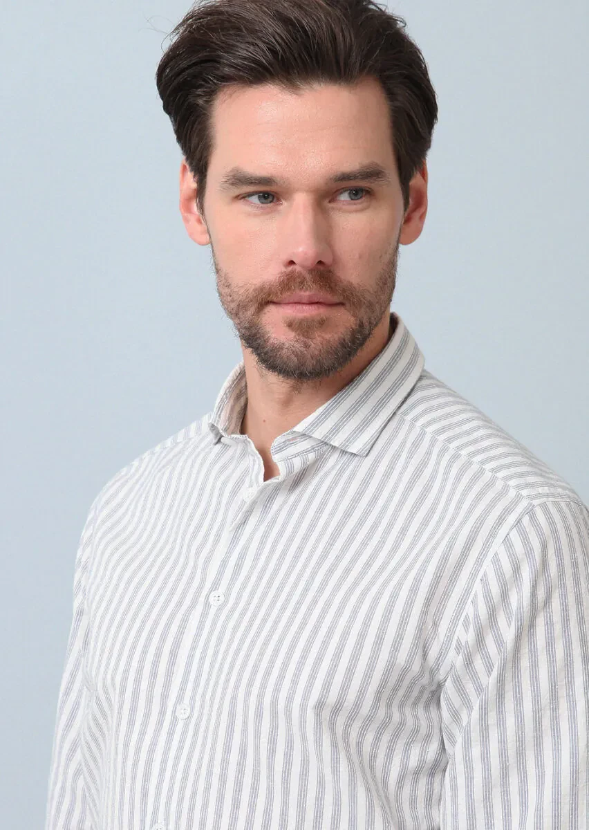 Mavi Çizgili Regular Fit Dokuma Casual %100 Pamuk Gömlek - 4