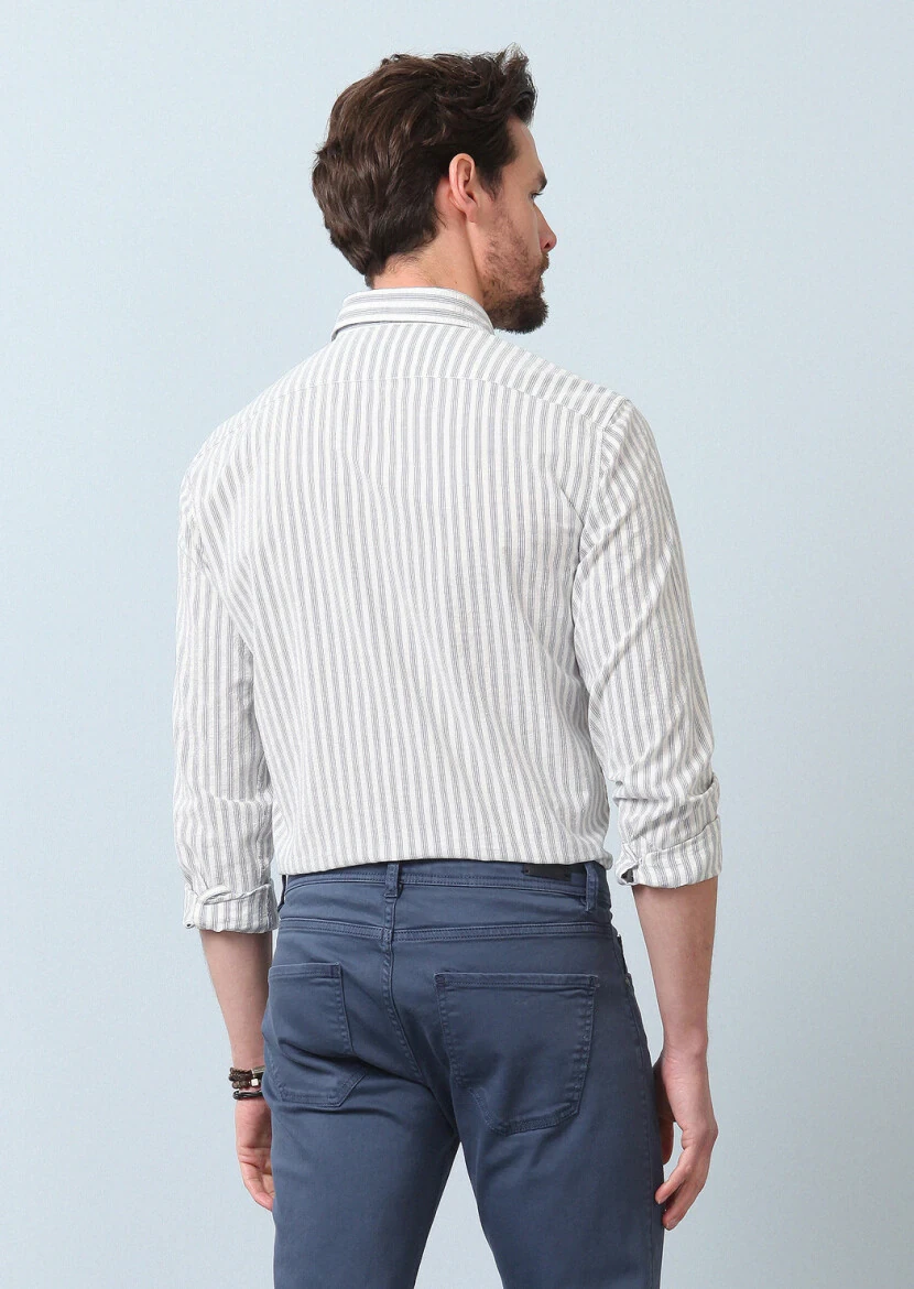 Mavi Çizgili Regular Fit Dokuma Casual %100 Pamuk Gömlek - 5