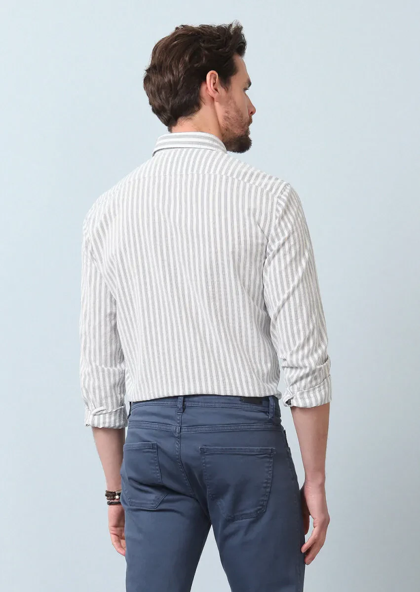 Mavi Çizgili Regular Fit Dokuma Casual %100 Pamuk Gömlek - 5