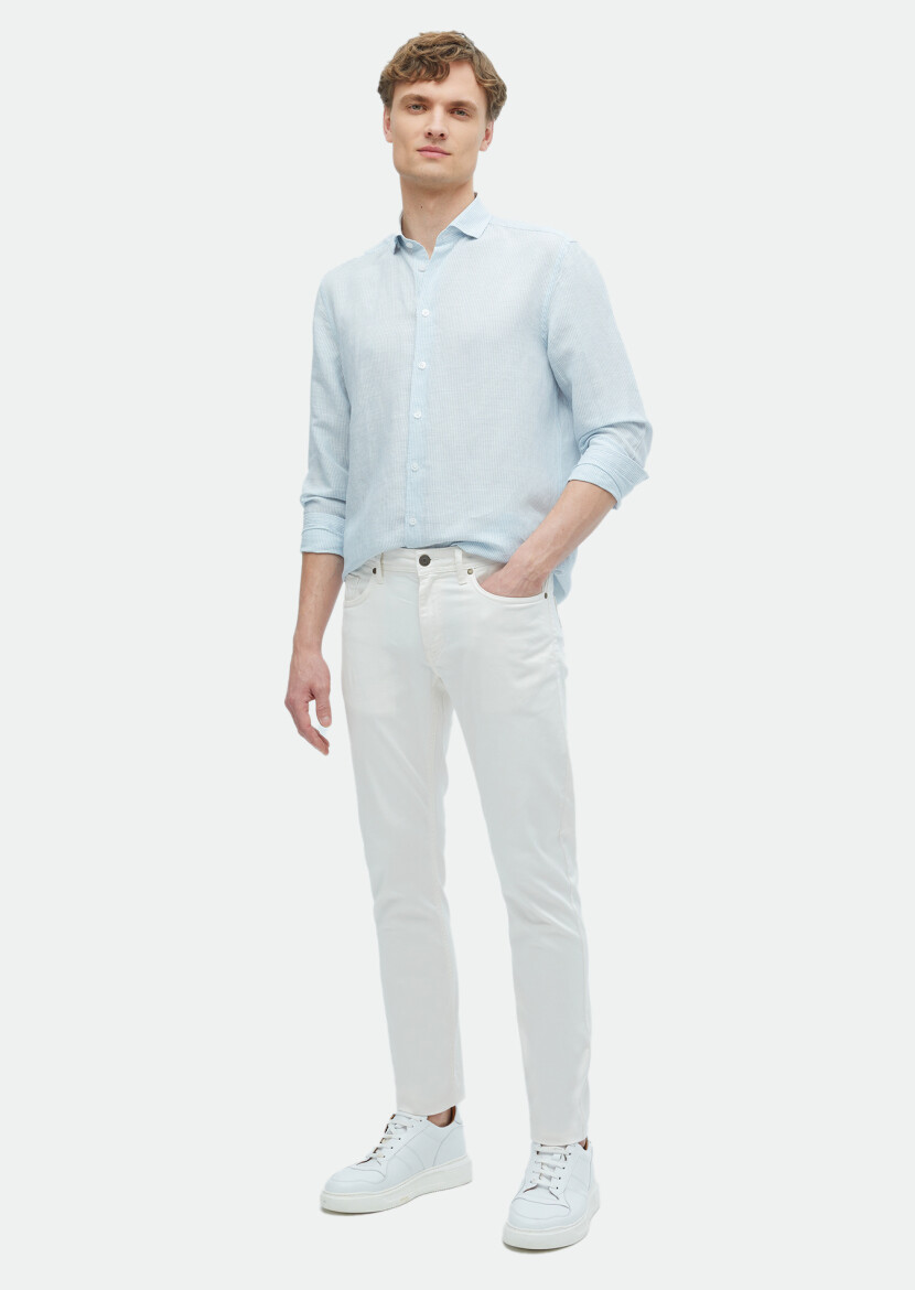 Mavi Çizgili Regular Fit Dokuma Casual Keten Karışımlı Gömlek 