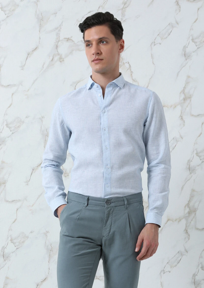 Mavi Çizgili Regular Fit Dokuma Casual Pamuk Karışımlı Gömlek 
