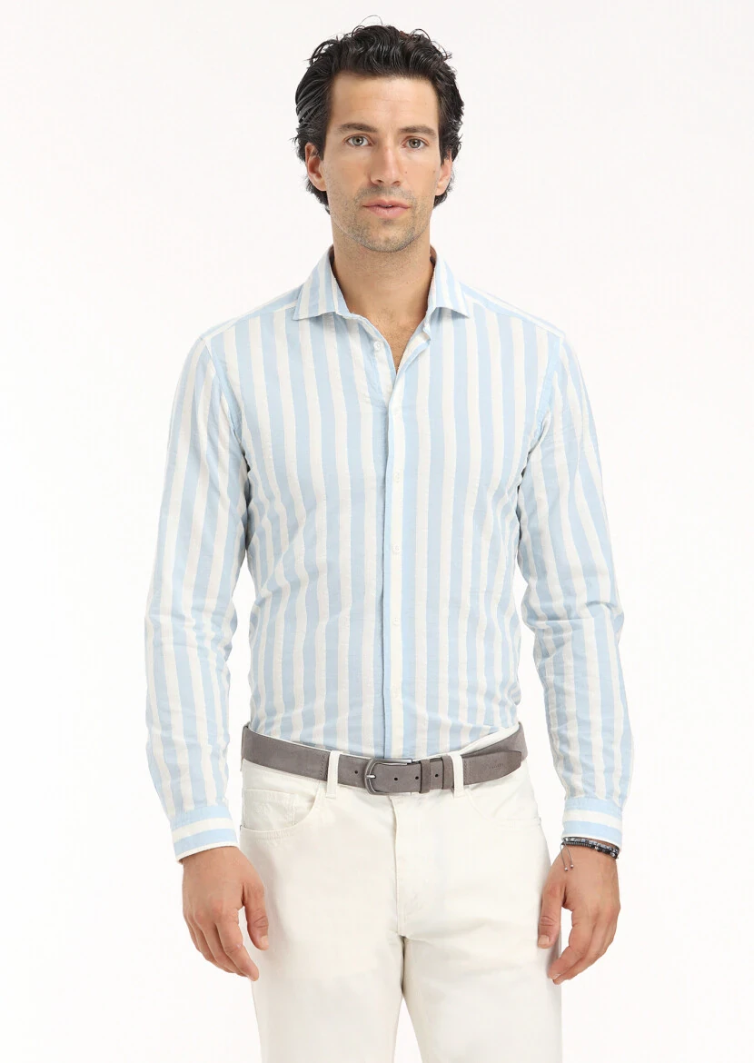 Mavi Çizgili Regular Fit Dokuma Casual Pamuk Karışımlı Gömlek - 3