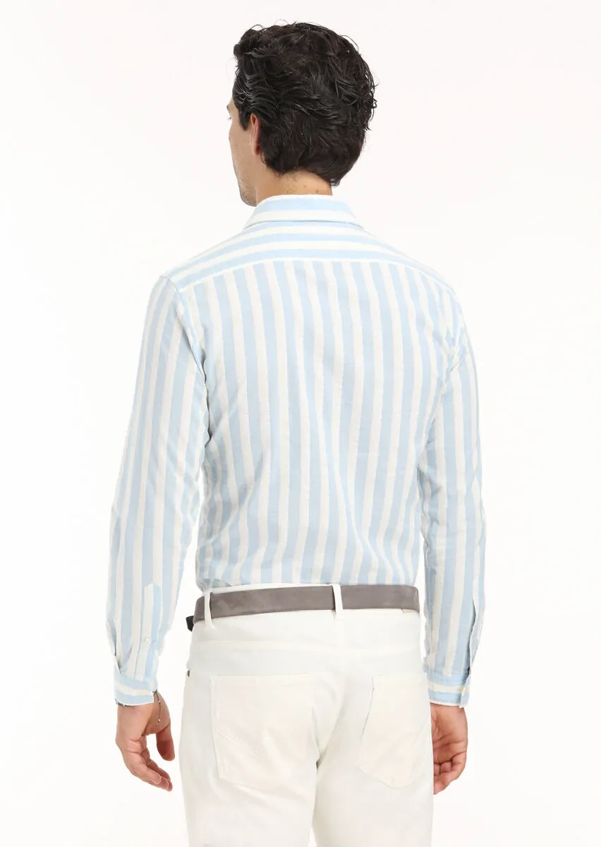 Mavi Çizgili Regular Fit Dokuma Casual Pamuk Karışımlı Gömlek - 5