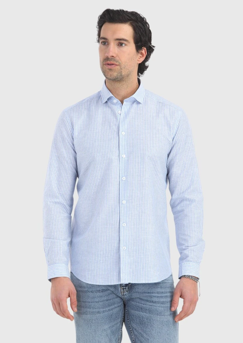 Mavi Çizgili Regular Fit Dokuma Casual Pamuk Karışımlı Gömlek - 2