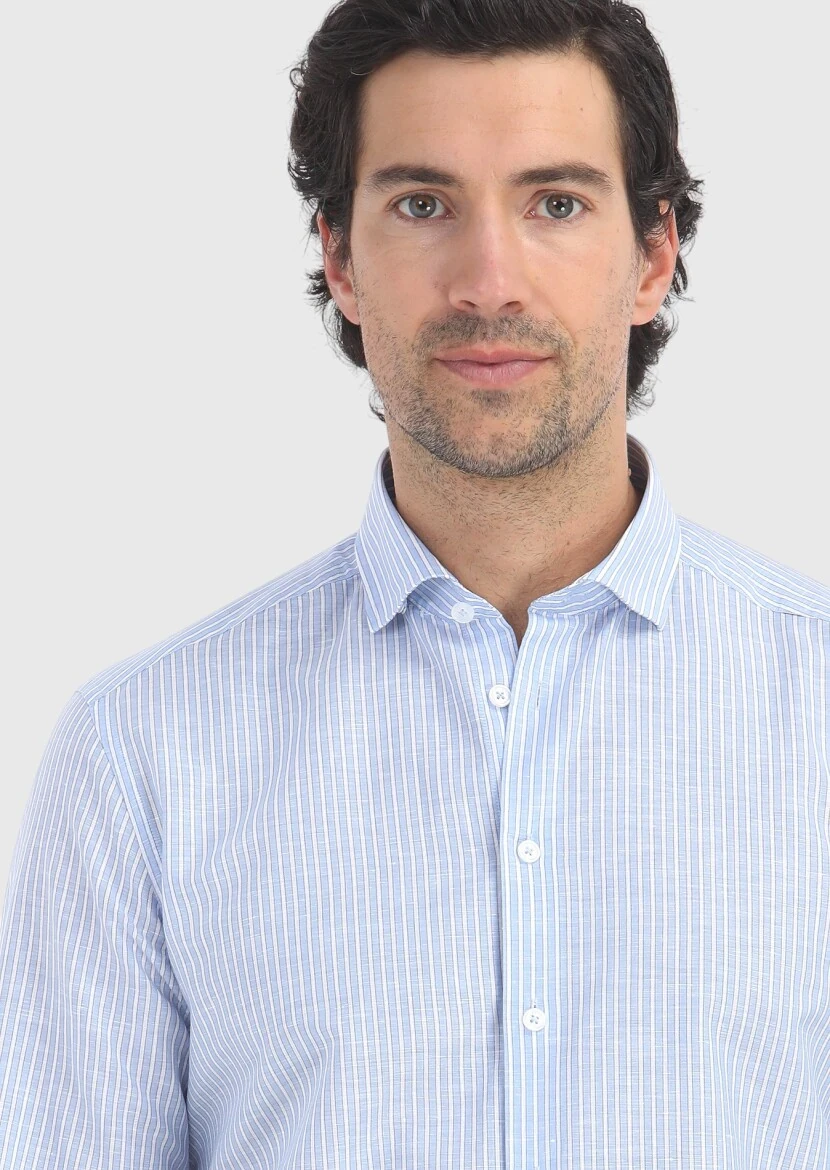 Mavi Çizgili Regular Fit Dokuma Casual Pamuk Karışımlı Gömlek - 3