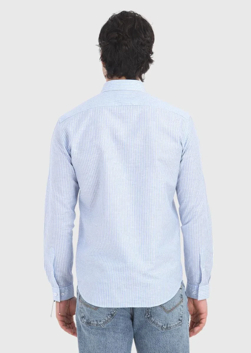 Mavi Çizgili Regular Fit Dokuma Casual Pamuk Karışımlı Gömlek - 4