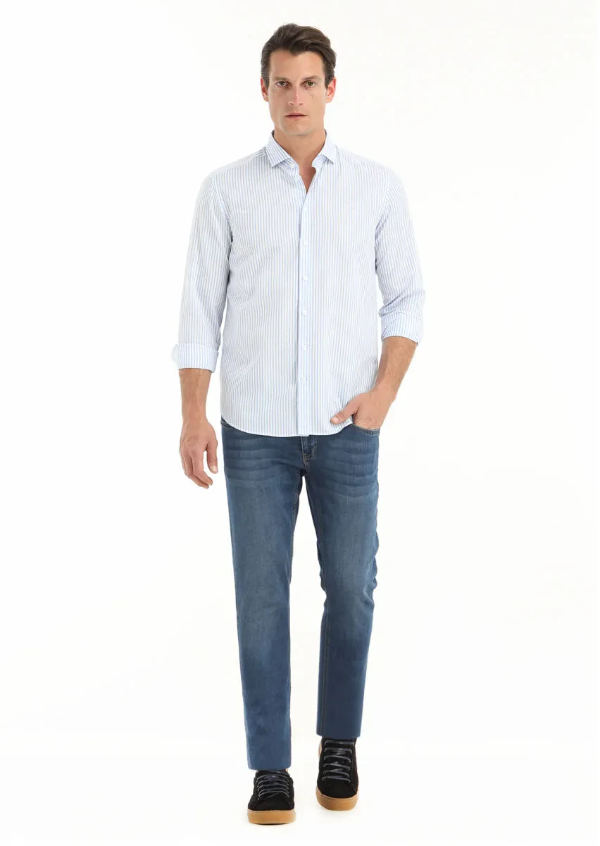 Mavi Çizgili Regular Fit Dokuma Casual Pamuk Karışımlı Gömlek - 1