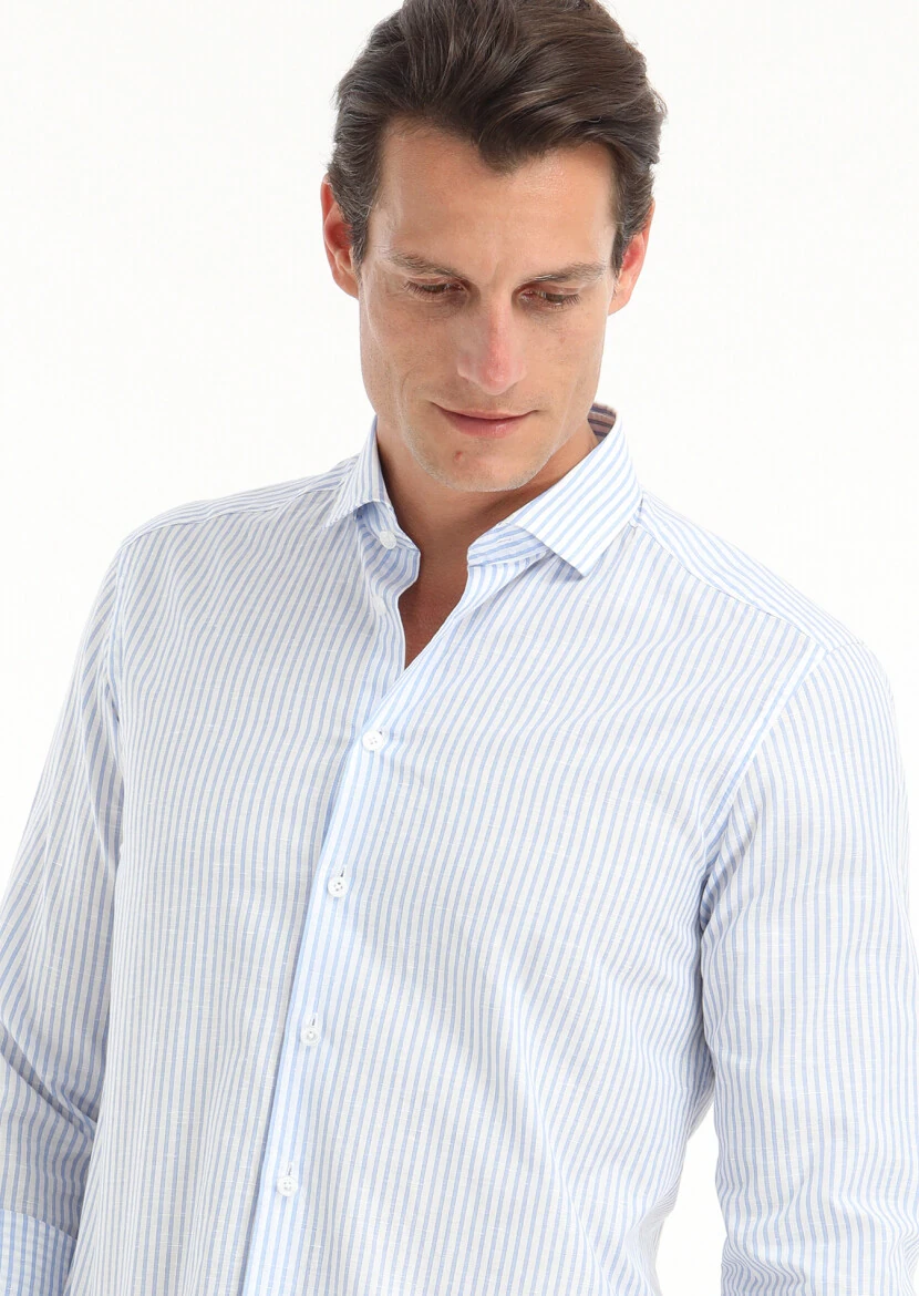 Mavi Çizgili Regular Fit Dokuma Casual Pamuk Karışımlı Gömlek - 3