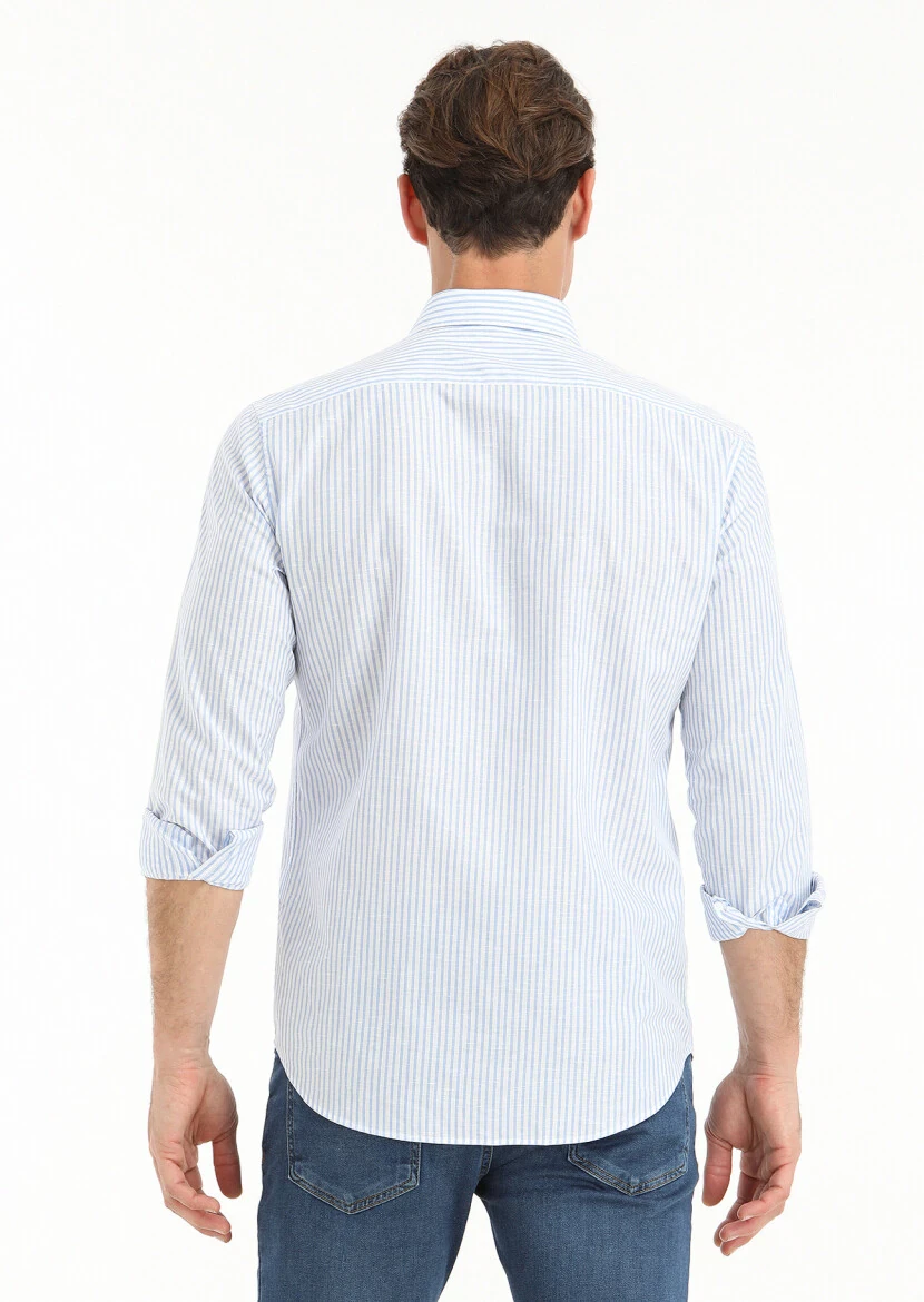 Mavi Çizgili Regular Fit Dokuma Casual Pamuk Karışımlı Gömlek - 4