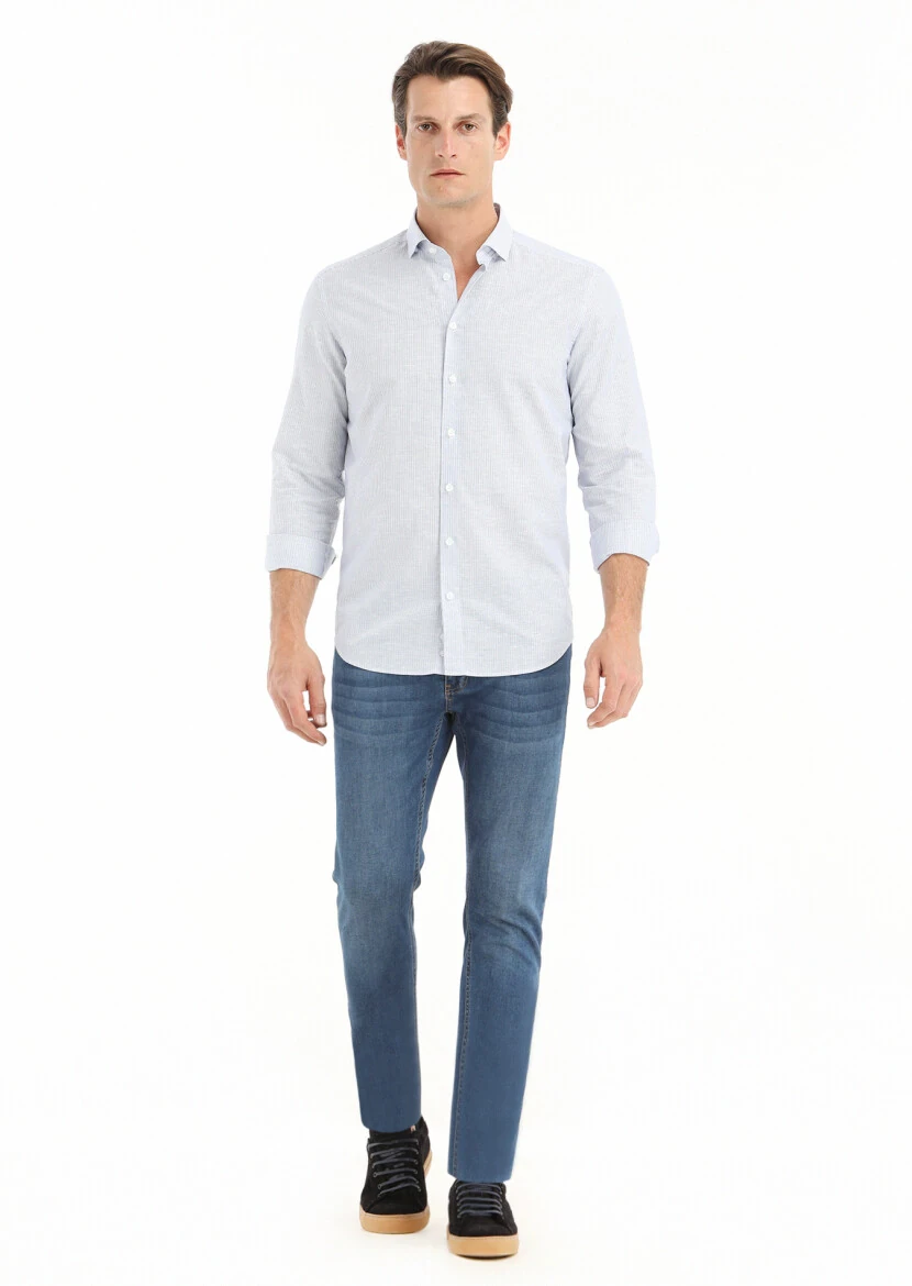Mavi Çizgili Regular Fit Dokuma Casual Pamuk Karışımlı Gömlek - 1