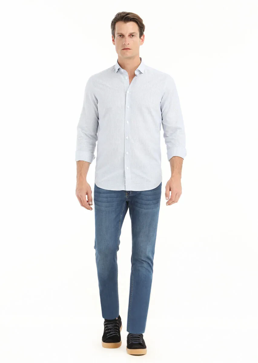 Mavi Çizgili Regular Fit Dokuma Casual Pamuk Karışımlı Gömlek - 1