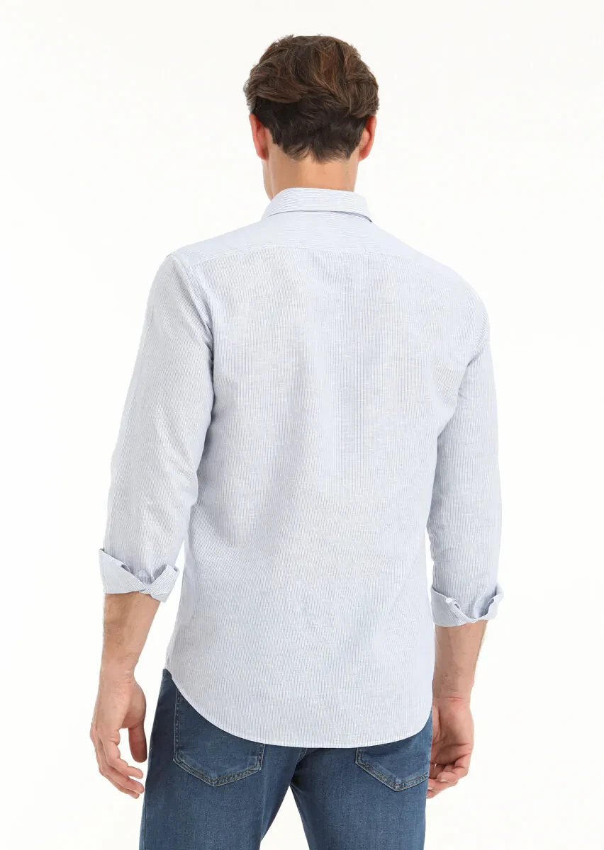 Mavi Çizgili Regular Fit Dokuma Casual Pamuk Karışımlı Gömlek - 4