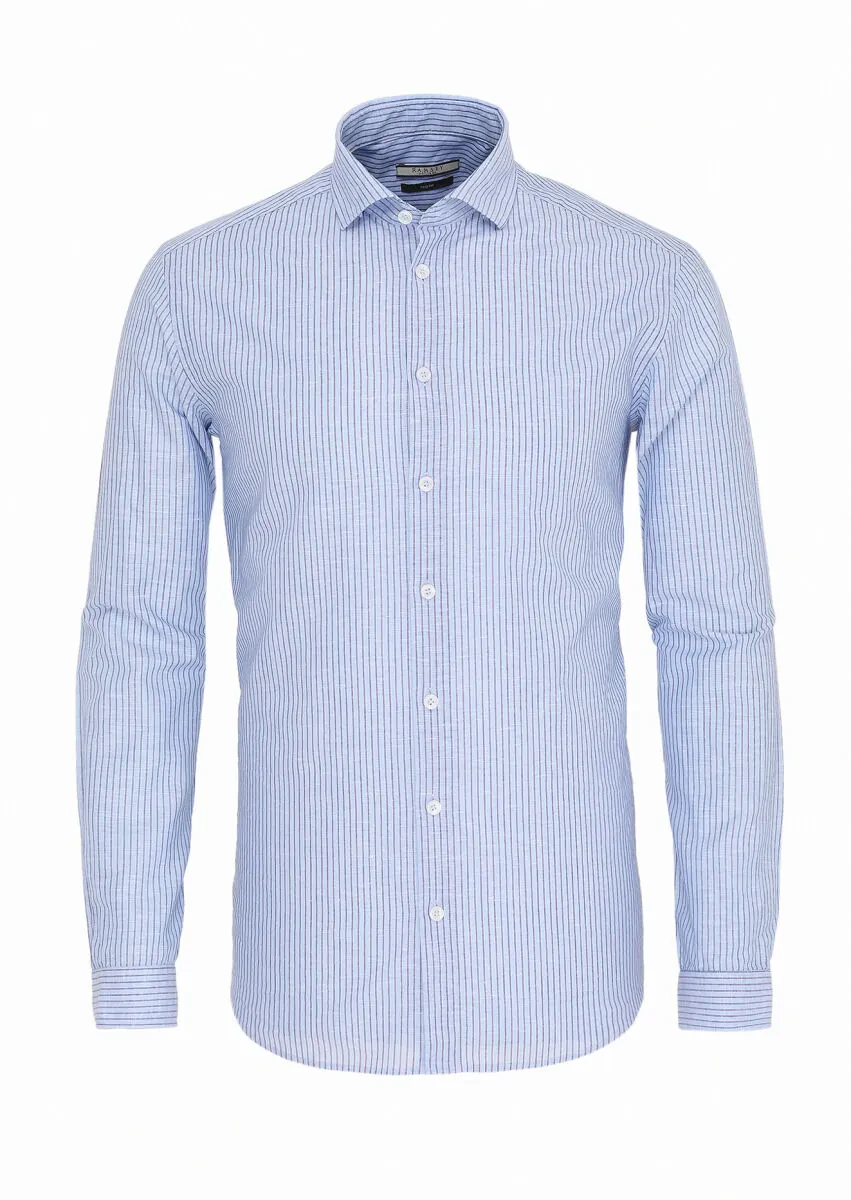 Mavi Çizgili Regular Fit Dokuma Casual Pamuk Karışımlı Gömlek - 1