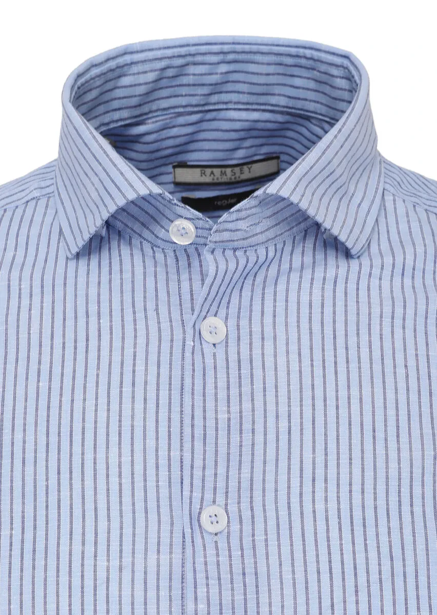 Mavi Çizgili Regular Fit Dokuma Casual Pamuk Karışımlı Gömlek - 2