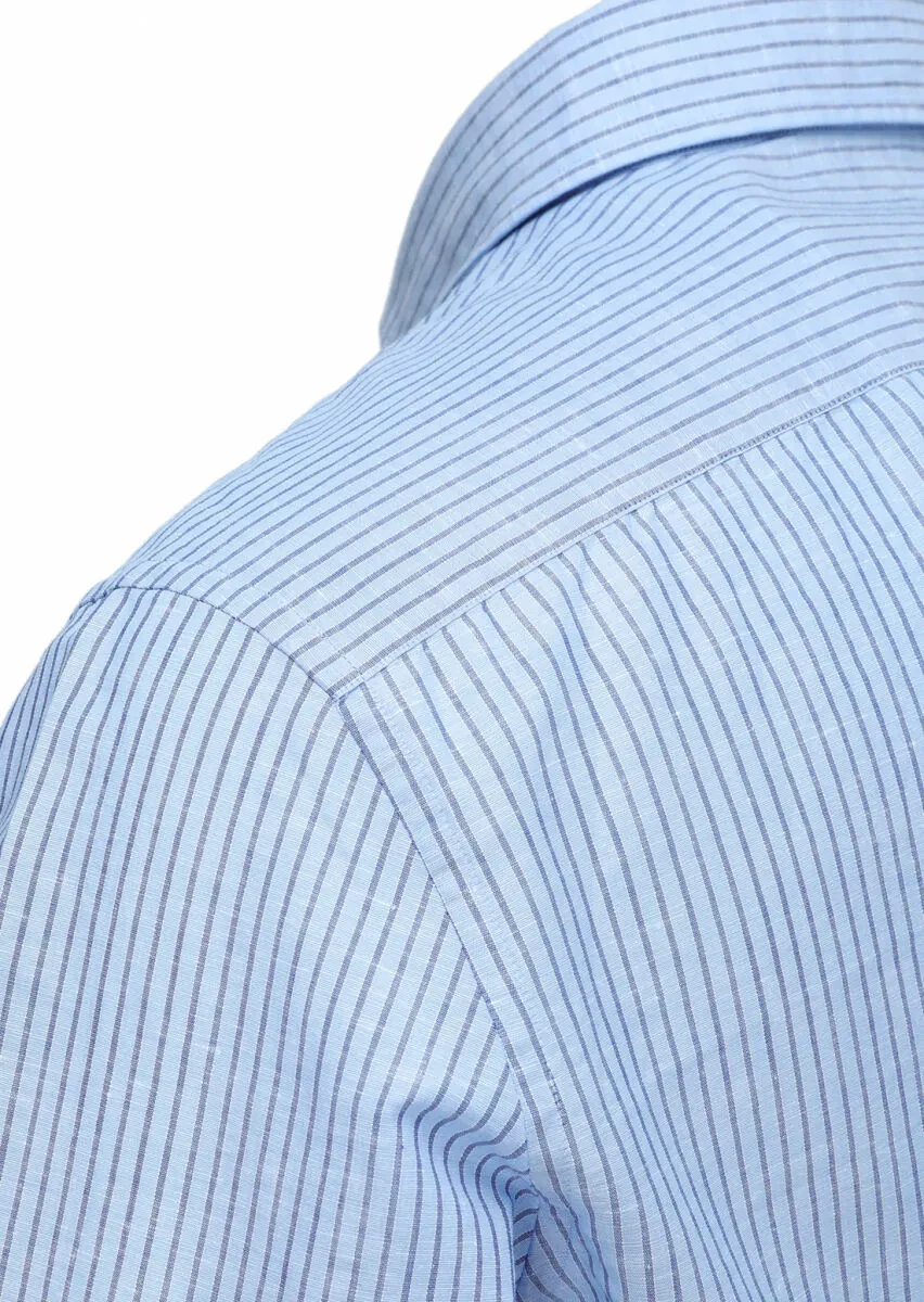 Mavi Çizgili Regular Fit Dokuma Casual Pamuk Karışımlı Gömlek - 3