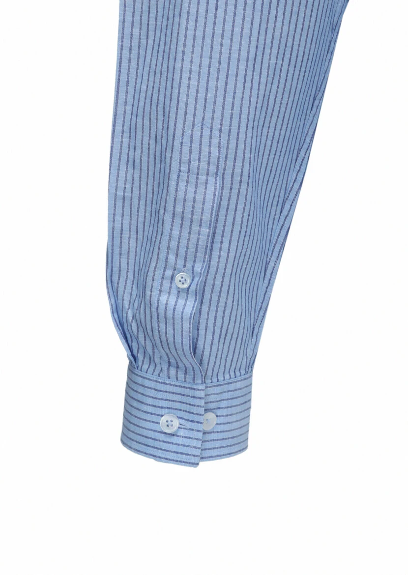 Mavi Çizgili Regular Fit Dokuma Casual Pamuk Karışımlı Gömlek - 4
