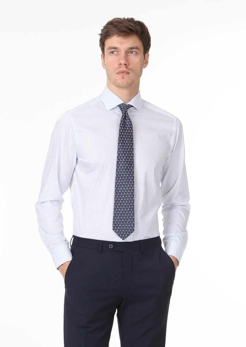 Mavi Çizgili Regular Fit Dokuma Klasik %100 Pamuk Gömlek - 1